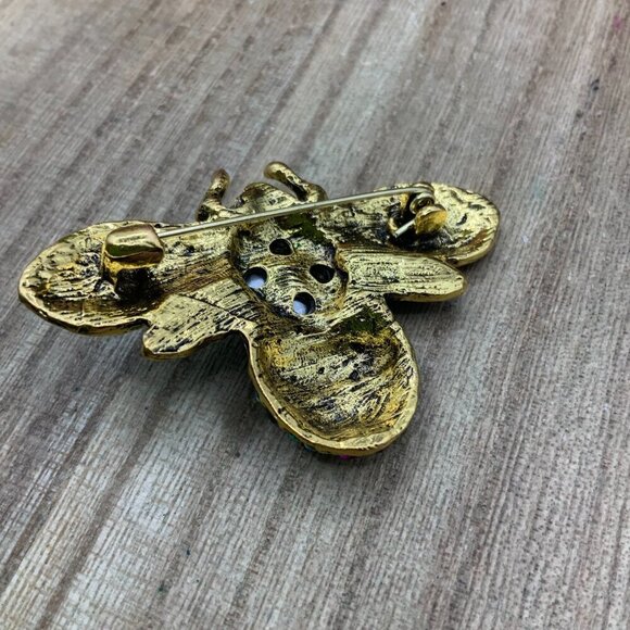 Bubble Bee Insect Green Pink Crystal Gold Tone Brooch - Picture 3 of 7